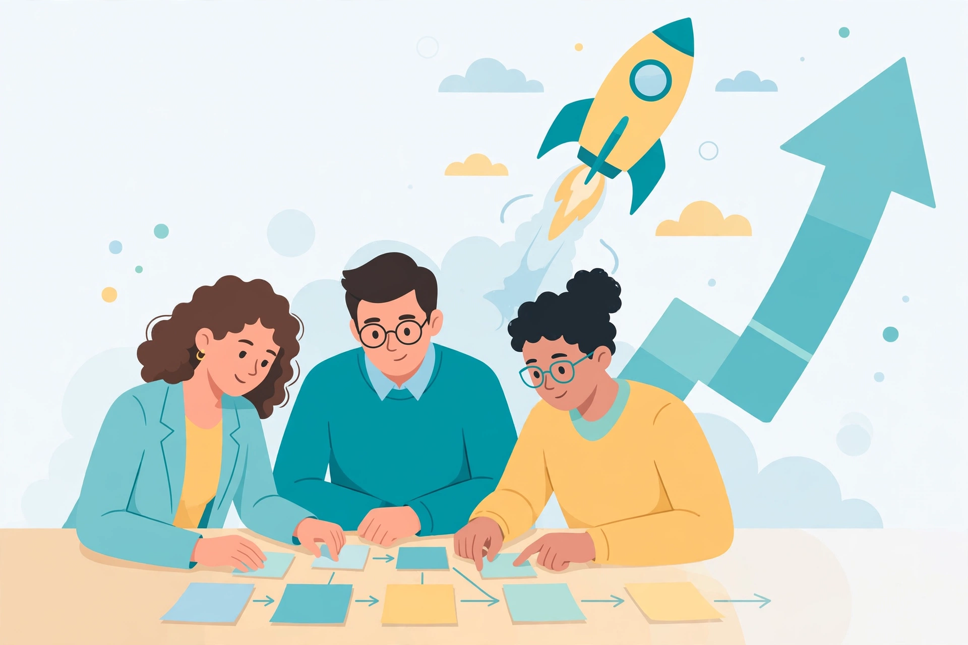 Marketing team planning a growth strategy with a rocket and rising arrow